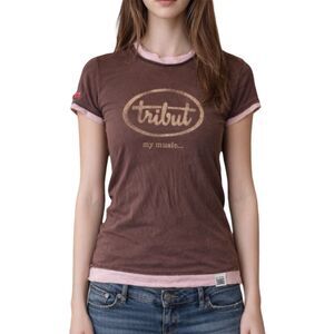 Tribut Brown Pink Layered Baby Tee Y2K Slinky Fitted Longline Graphic Top S/M